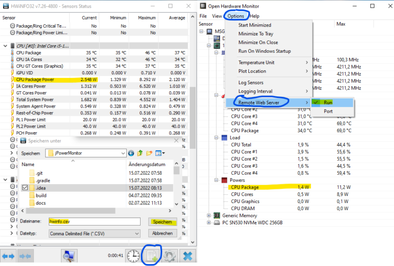Messwert und Konfiguration HWiNFO und OpenHardwareMonitor