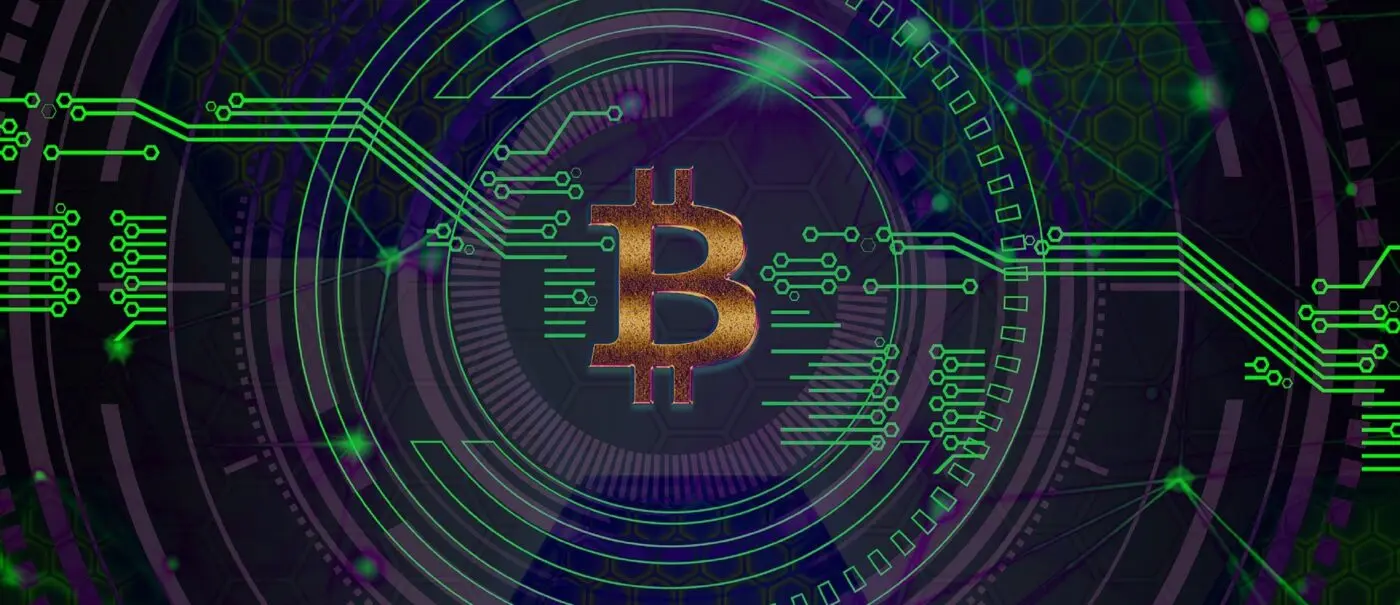 a bitcoin logo with green and blue lights