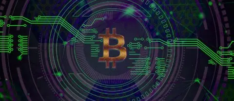 a bitcoin logo with green and blue lights