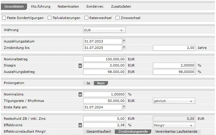 Eingabe der Darlehensdaten in MARZIPAN