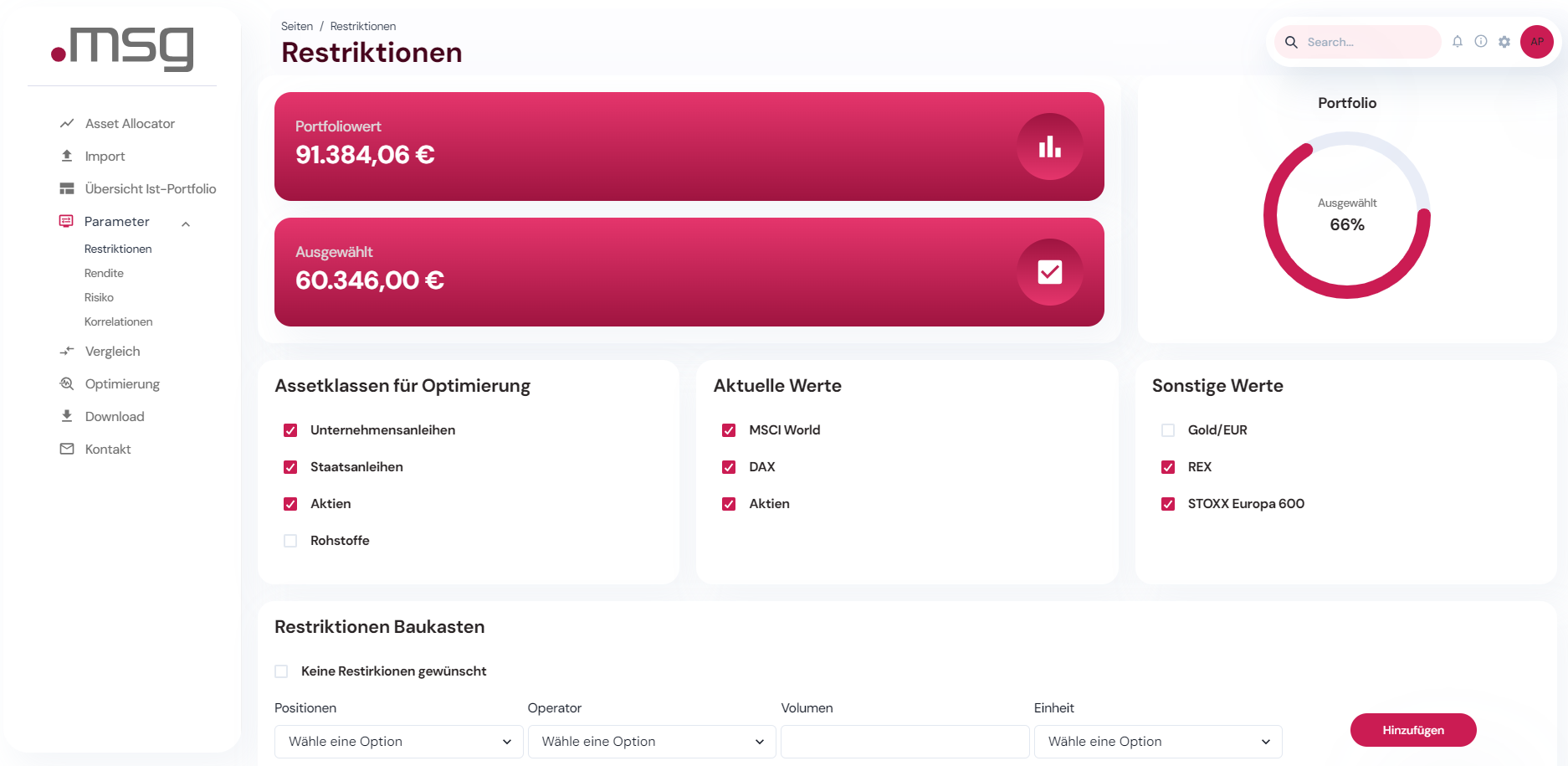Beispielhafte Umsetzung von Nebenbedingungen mit dem „msg Asset Allocator“