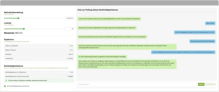Nachhaltige Konsumentenkredite, KI-basierter Chatbot zur Nachhaltigkeitsklassifizierung von Finanzierungsvorhaben