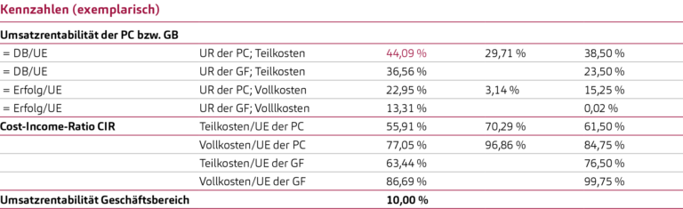 Darstellung Geschäftsfeldrechnung und Kennzahlen (exemplarisch; Teil- und Vollkostenansatz)