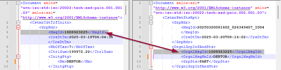 Zuordnung auf Header-Ebene: pain.001 (links), pain.002 (rechts), Artikel pain.002