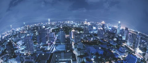 Blue high-tech tone of cityscape conneted line, technology concept,