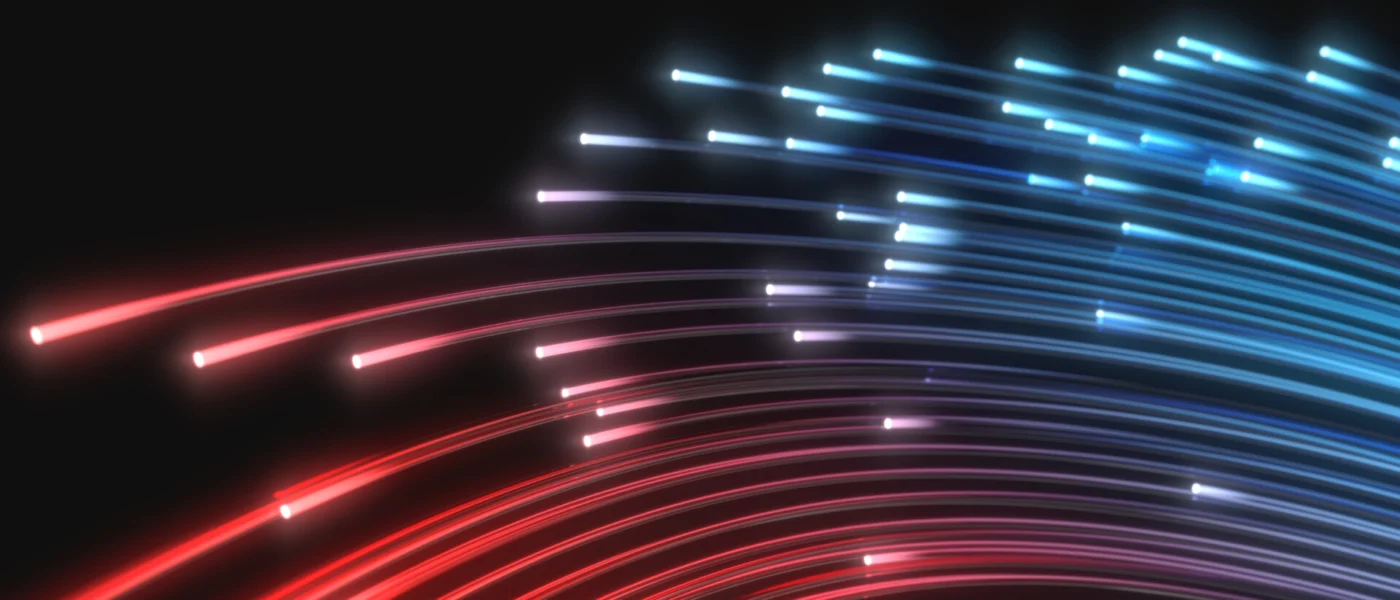 blue and red fiber optic strings in dark. 3d illustration